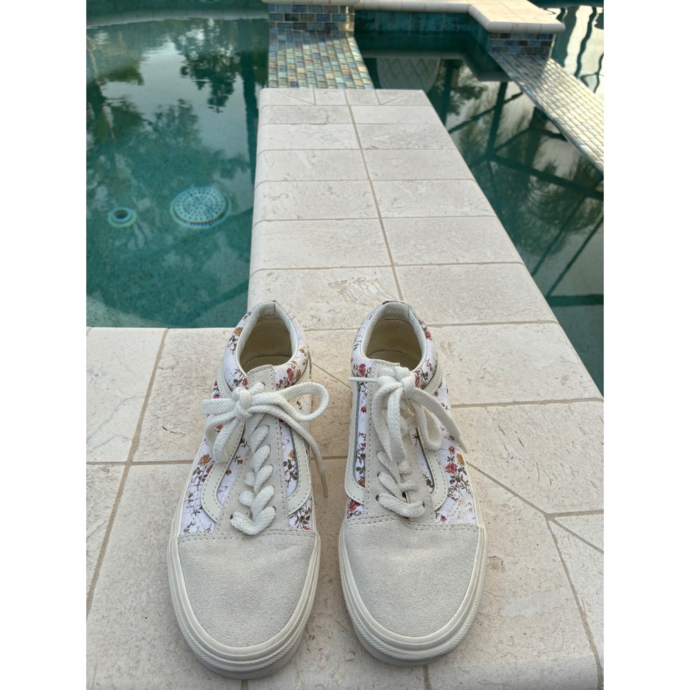 Vans Old Skool Floral Marshmallow Suede Sneakers Cream Low Top Womens 6 - Picture 2 of 6